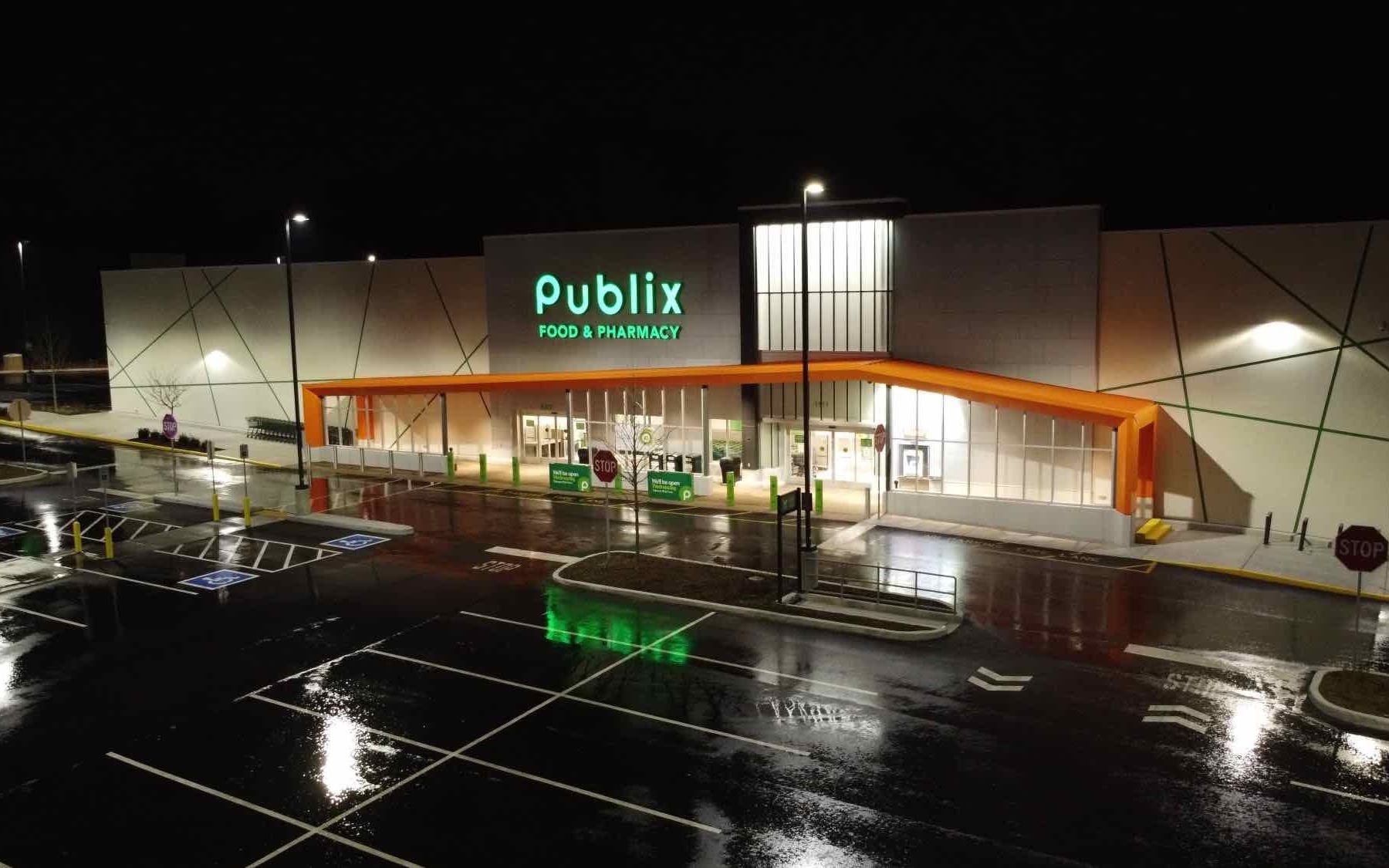 Publix Greenwood lit up at night