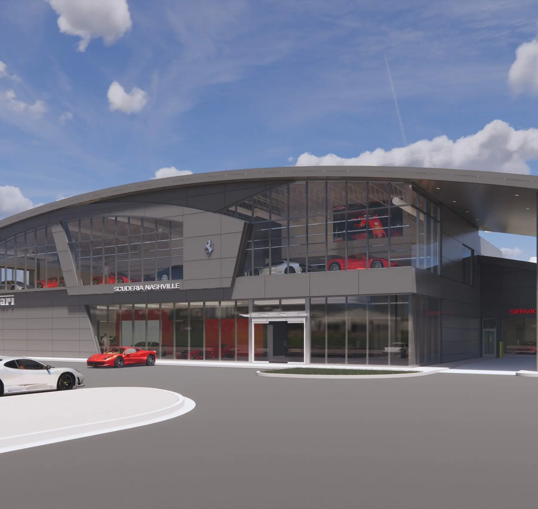 Rendering of a Ferrari Dealership on a cloudy day