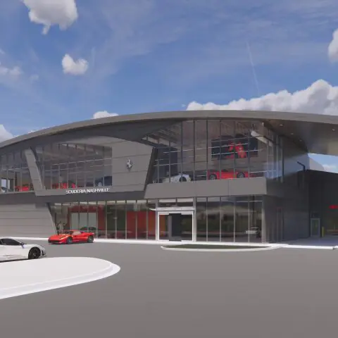 Rendering of a Ferrari Dealership on a cloudy day