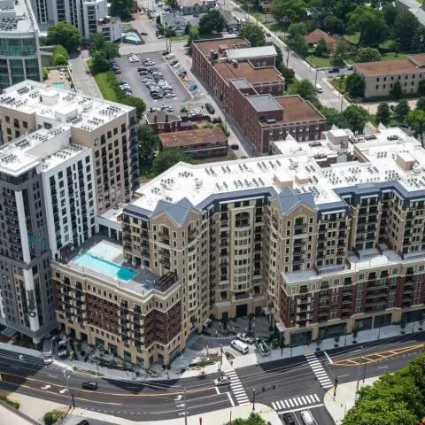 An aerial view of the Aertson and surrounding buildings on the west side of downtown Nashville.