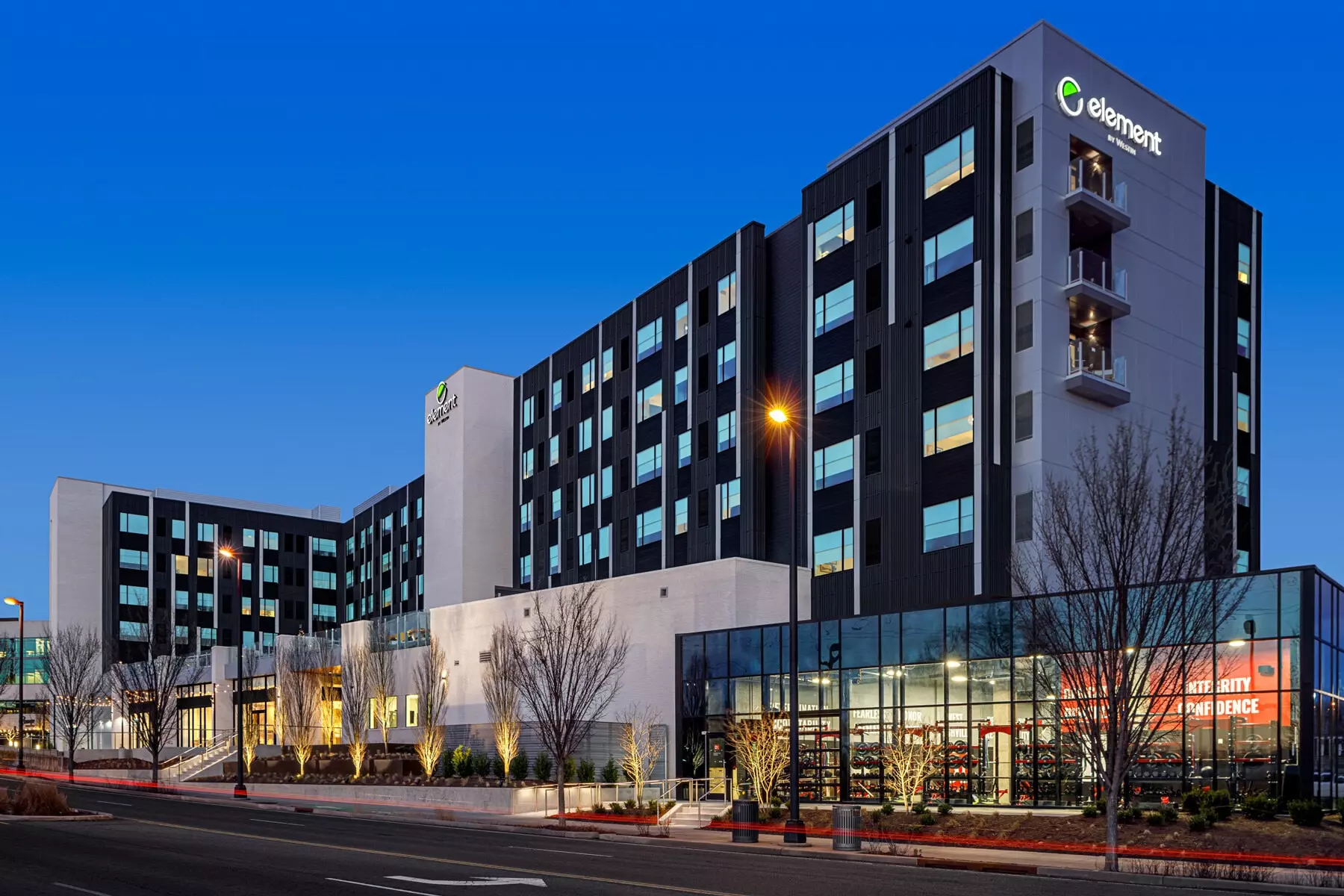 Element hotel building exterior Nashville at Dusk